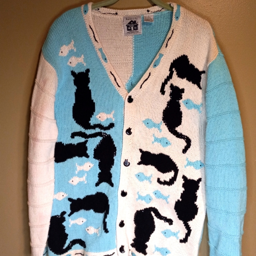 Storybook Knits Large "Cat and Fish" themed cardigan